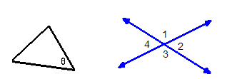 A triangle is drawn with a missing angle measure labeled using the greek letter theta.  Two lines are drawn so that they intersect. The intersection creates 4 angles labeled 1, 2, 3 and 4. 
