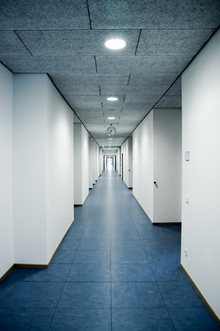 Hallway drawn in perspective view.  Round lights are recessed in the ceiling.  Many doorways appear on both the left and right walls.