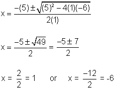 x equals negative 5 plus or minus the square root of 5 squared minus 4 times 1 times negative 6 all being divided by 2 times 1.  This simplifies to x equals negative 5 plus or minus the square root of 49 all divided by 2 or negative 5 plus or minus 7 all divided by 2. The final solutions are x equals 1 and x equals negative 6.
