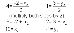 4 equals quantity negative 2 plus x sub 2 divided by 2. 1 equals quantity 3 plus y sub 2 divided by 2.  Next line.  Multiply both sides by 2. Next line. 8 equals minus 2 plus x sub 2. 2 equals 3 plus y sub 2.  Next lin. 10 equals x sub 2. Minus 1 equals y sub 2.
