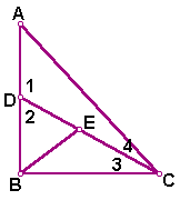 Triangle A B C.  Point D lies on Segment A B.  Segment D C is intersected by segment B E in the interior of the triangle.  Angle 1 is another name for angle A D C,  Angle 2 is another name for angle B D C.  Angle 3 is another name for angle B C D.  Angle 4 is another name for angle A C D.  