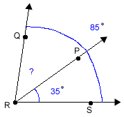 Adjacent acute angles Q R P and P R S.  Ray R P is a shared side.  The sum of the two acute angles is acute angle Q R S.  The measure of angle Q R S is 85 degrees while the measure of angle P R S is 35 degrees.  Angle Q R P is represented by a question mark.
