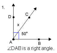 Angle D A B is a right angle. Ray A C cuts the angle into two parts.  Angle D A C is labeled x degrees and angle C A B is labeled 50 degrees.