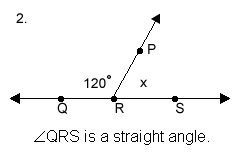 Obtuse angle Q R P is adjacent to acute angle P R S.  These angles are supplementary.  The measure of angle Q R P is 120 degrees.  Angle Q R S is a straight angle.  X represents the measure of angle P R S.