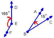 Two seperate angels. The measure of angle D E F is 165 degrees. The measure of angle A B C is 15 degrees.