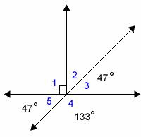 Two lines intersect at the endpoint of a ray.  Five angles named 1,2,3,4,and 5 are formed.  Angle 1 is adjacent to angles 5 and 2.  Angles 2 is adjacent to angles 1 and 3.  Anlge 3 is adjacent to angles 2 and 4.  Angle 4 is adjacent to angles 3 and 5.  Angle 5 is adjacent to angles 1 and 4.  Angle 1 is a right angle.  Angles 2 and 3 are complementary.  Angles 4 and 5 are supplementary.  The measure of angle 5 is equal to forty-seven degrees. Vertical angle 3 is also forty seven degrees.  The measure of angle 4 is equal to one hundred thirty-three degrees.
