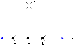 line x that contains points A, P and B.  Two arcs intersect above line x exactly in   line with P