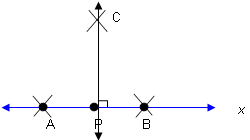 line x that contains points A, P and B.  Two arcs intersect above line x exactly in line with P.  A vertical line is drawn from C to P.
