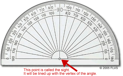 This is a protractor that is used to measure angles.  Angles are measured in degrees.  Line up the vertex of the angle with the hole in the middle of the straight side of the protractor.
