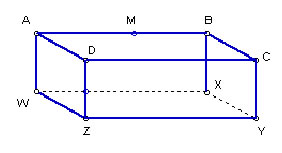 A rectangular prism is drawn. The vertex points on the base are labeled with letters starting in the upper left corner, and going clockwise. The letters are W X Y Z. The top of the prism is labeled in the same manner with letters A B C D. The edge connecting A and B has point M on it. Point M is between A and B.